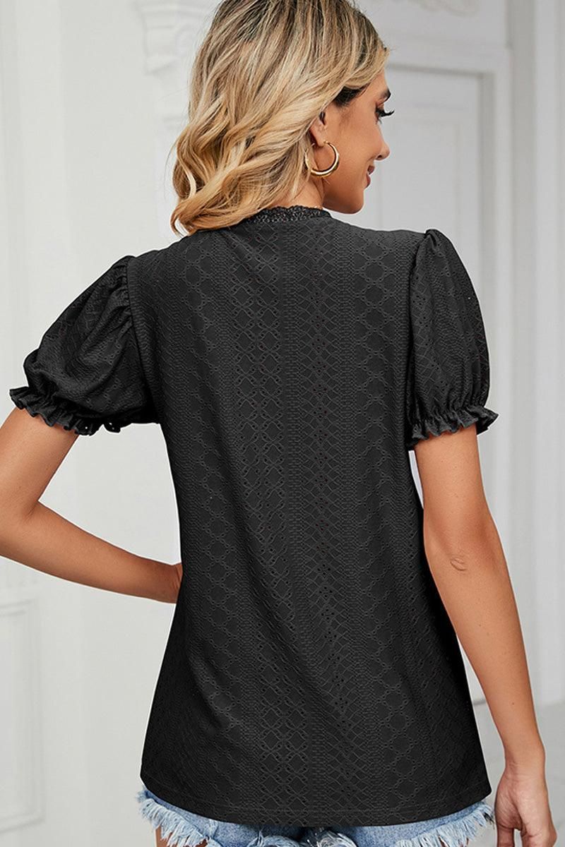 PUNCHING LACE PUFF SHORT SLEEVE TOP - Doublju