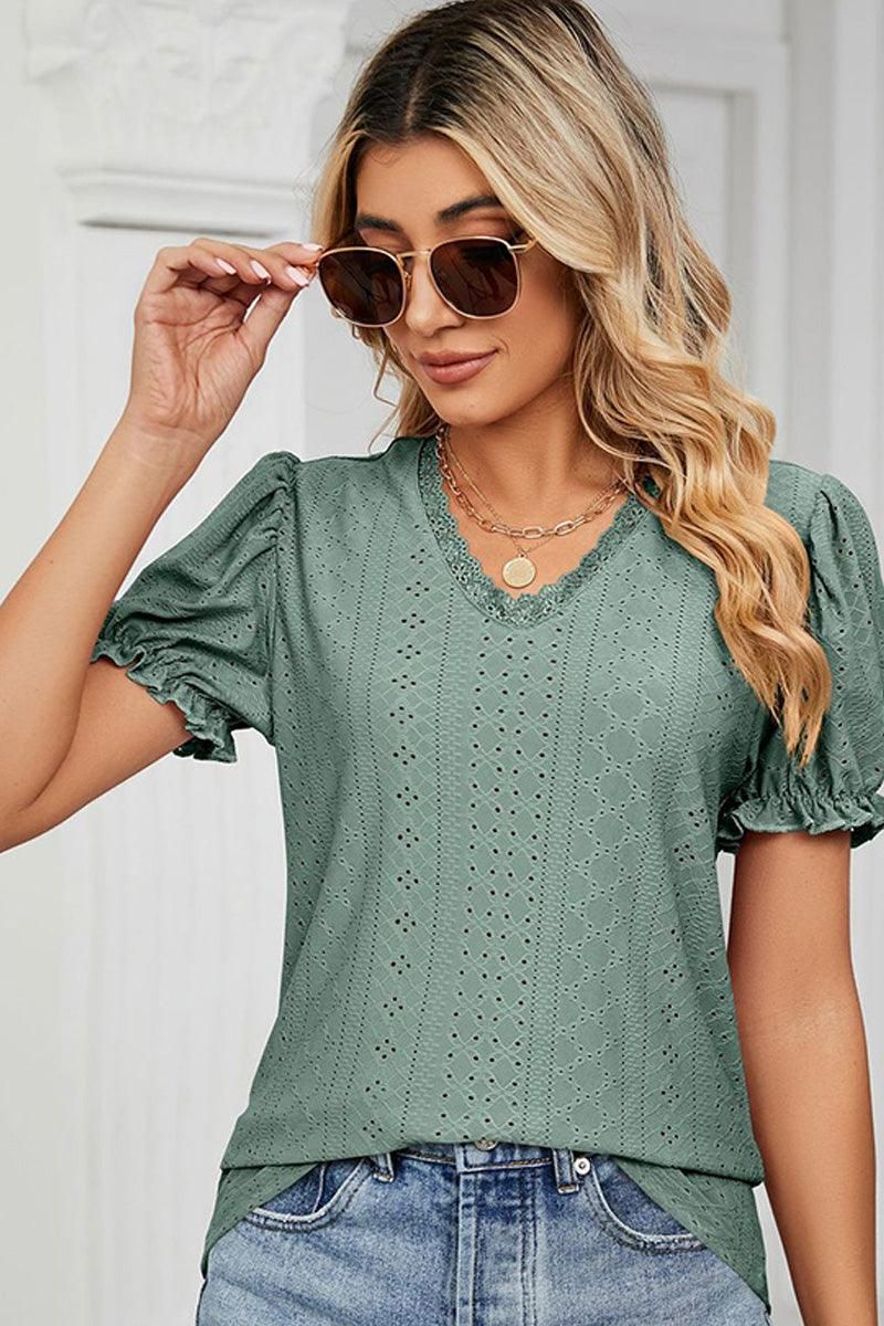 PUNCHING LACE PUFF SHORT SLEEVE TOP - Doublju