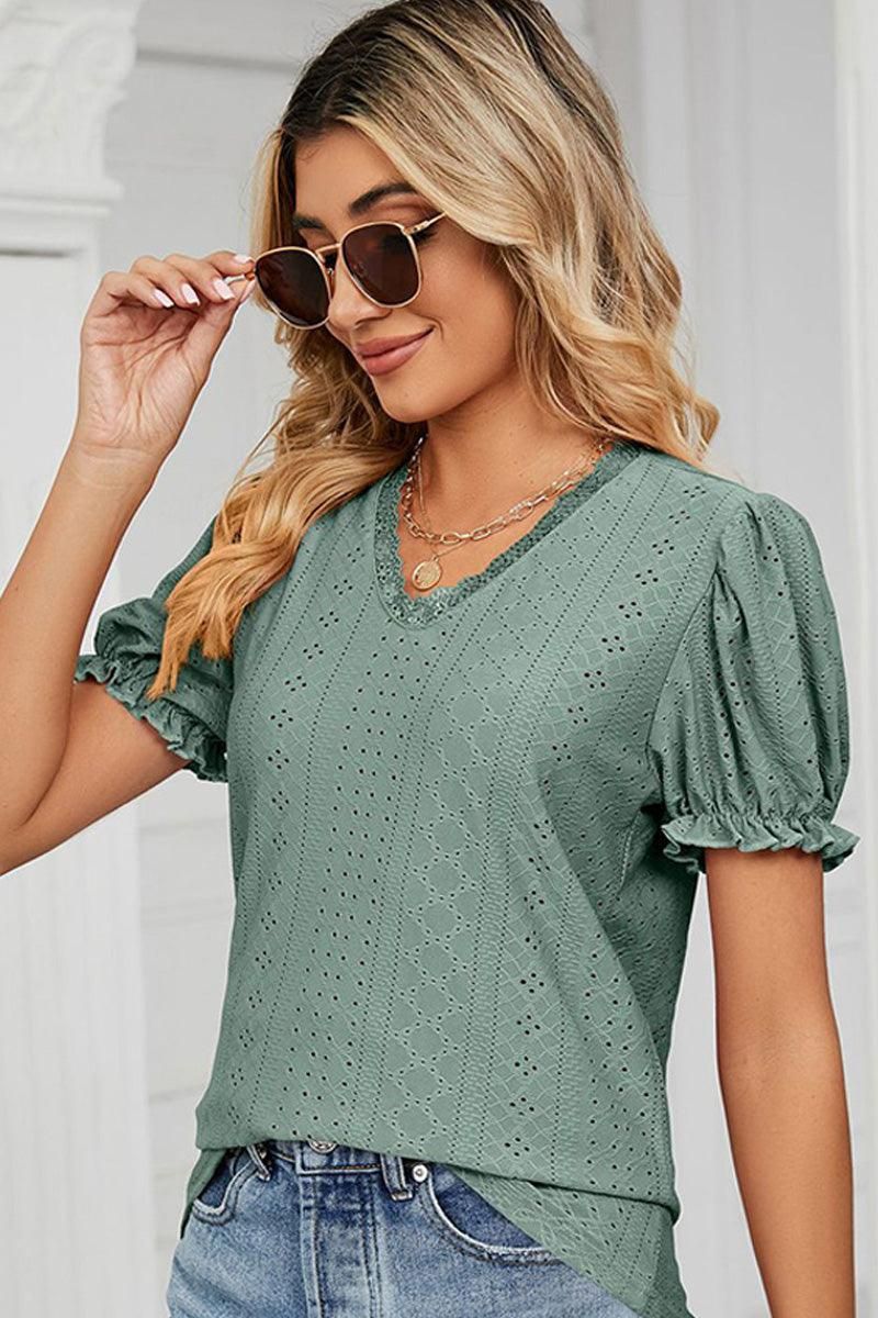 PUNCHING LACE PUFF SHORT SLEEVE TOP - Doublju