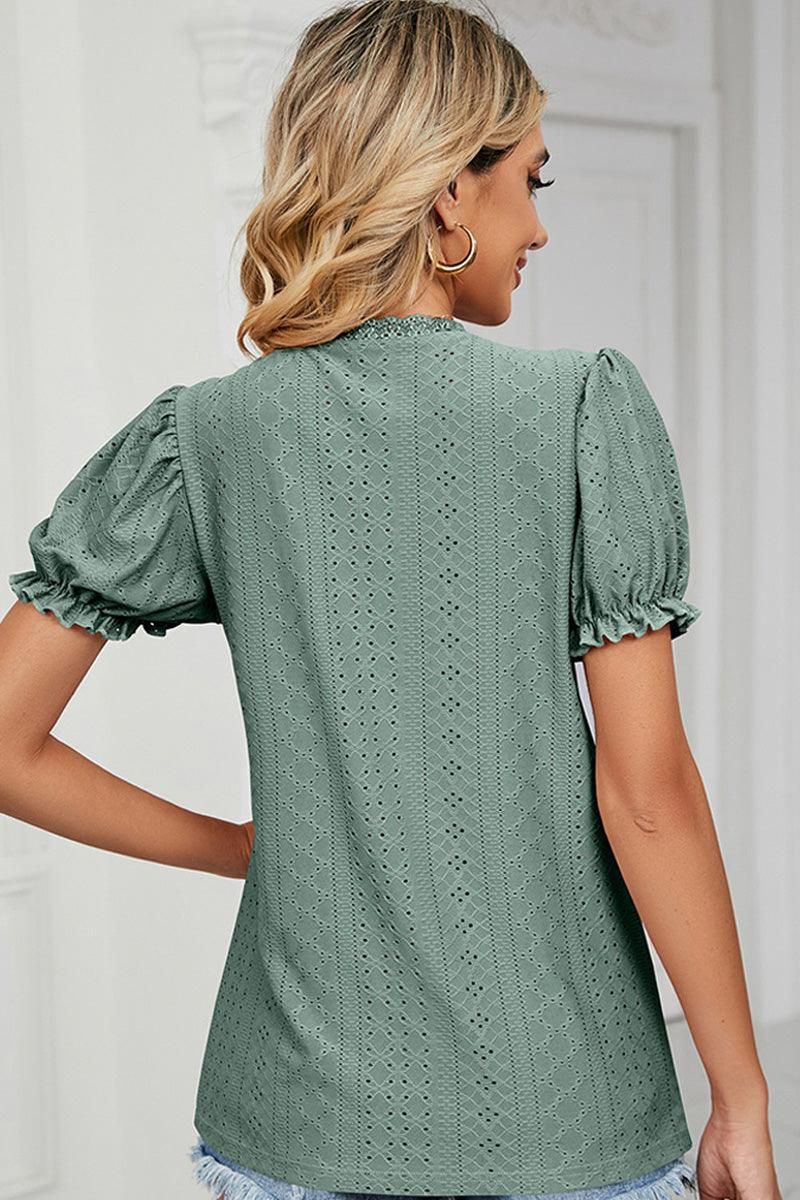 PUNCHING LACE PUFF SHORT SLEEVE TOP - Doublju