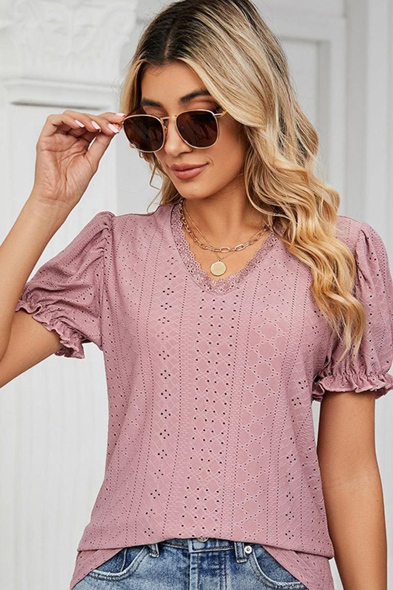 PUNCHING LACE PUFF SHORT SLEEVE TOP - Doublju