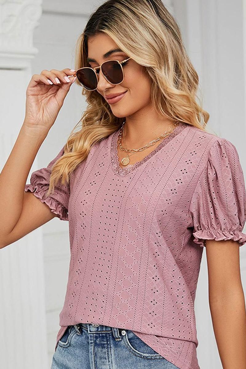 PUNCHING LACE PUFF SHORT SLEEVE TOP - Doublju