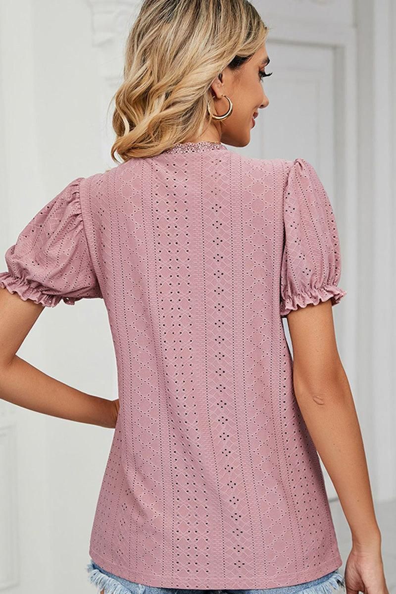 PUNCHING LACE PUFF SHORT SLEEVE TOP - Doublju