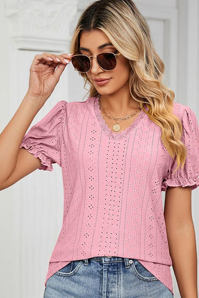 PUNCHING LACE PUFF SHORT SLEEVE TOP - Doublju