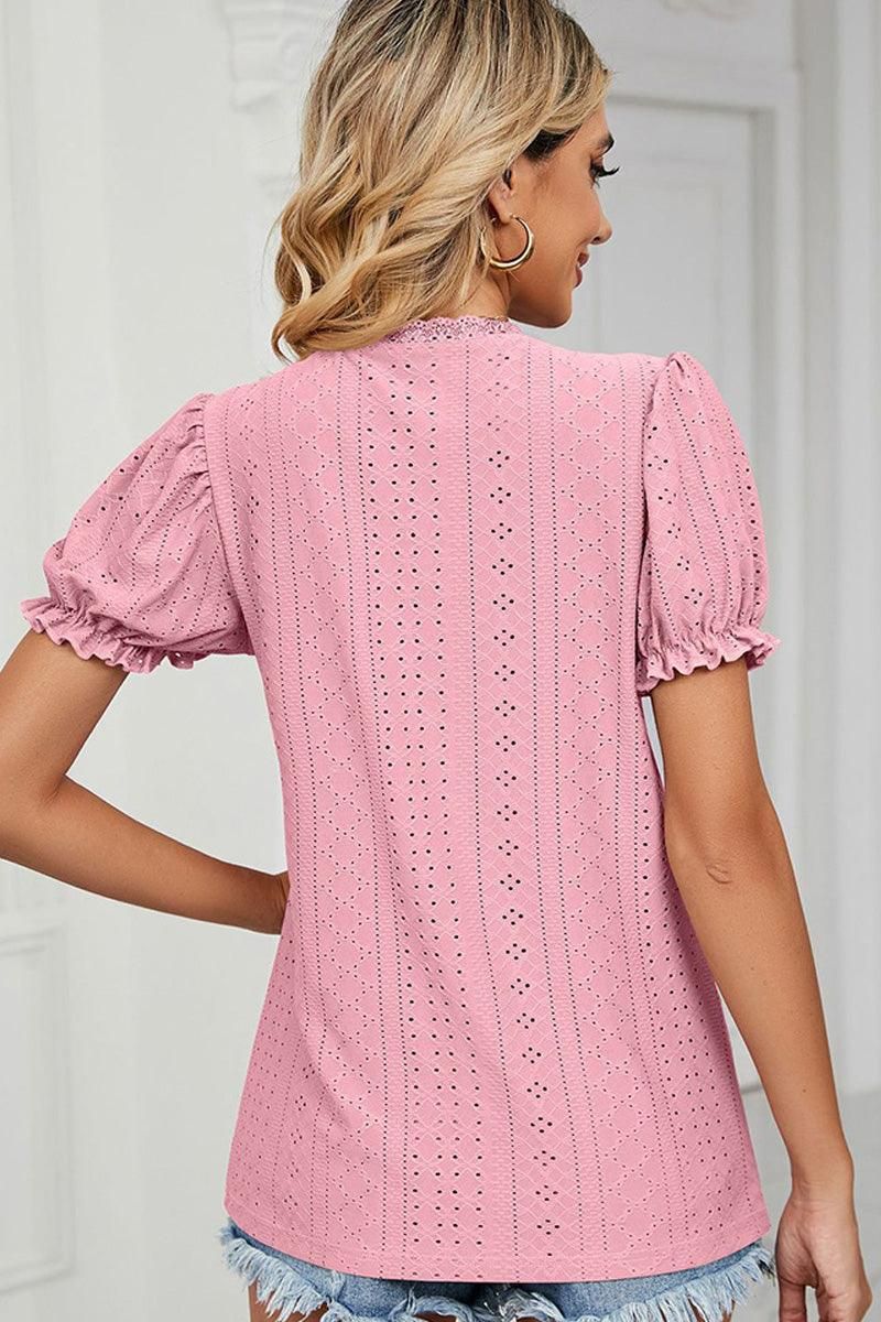 PUNCHING LACE PUFF SHORT SLEEVE TOP - Doublju