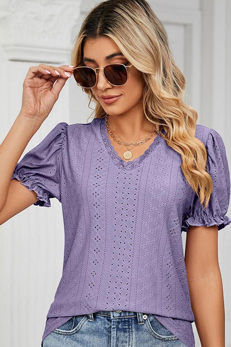 PUNCHING LACE PUFF SHORT SLEEVE TOP - Doublju
