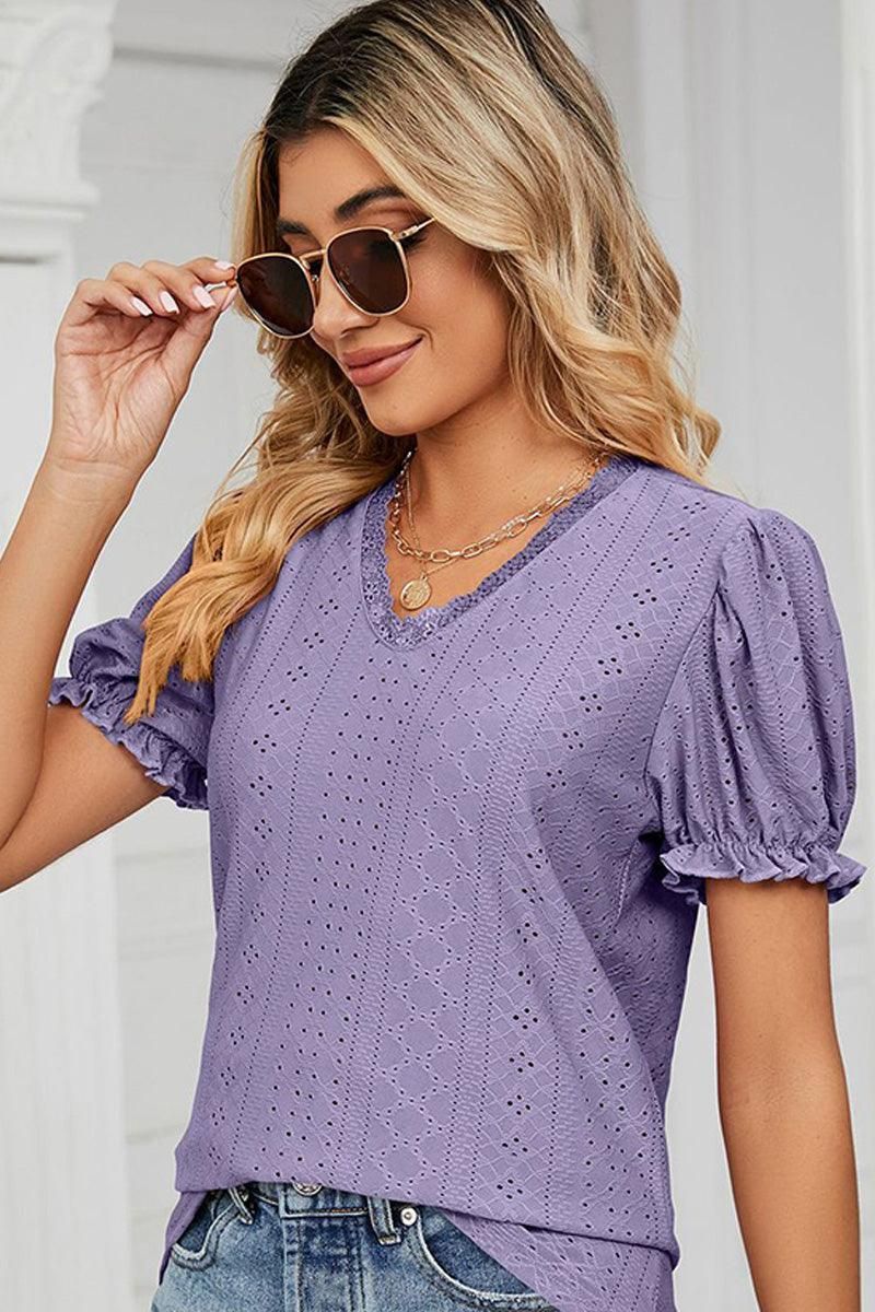 PUNCHING LACE PUFF SHORT SLEEVE TOP - Doublju