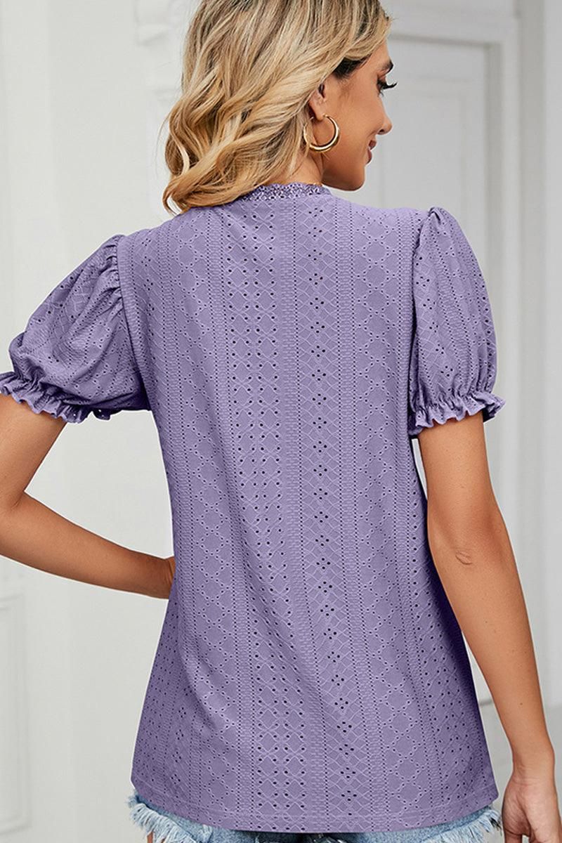 PUNCHING LACE PUFF SHORT SLEEVE TOP - Doublju