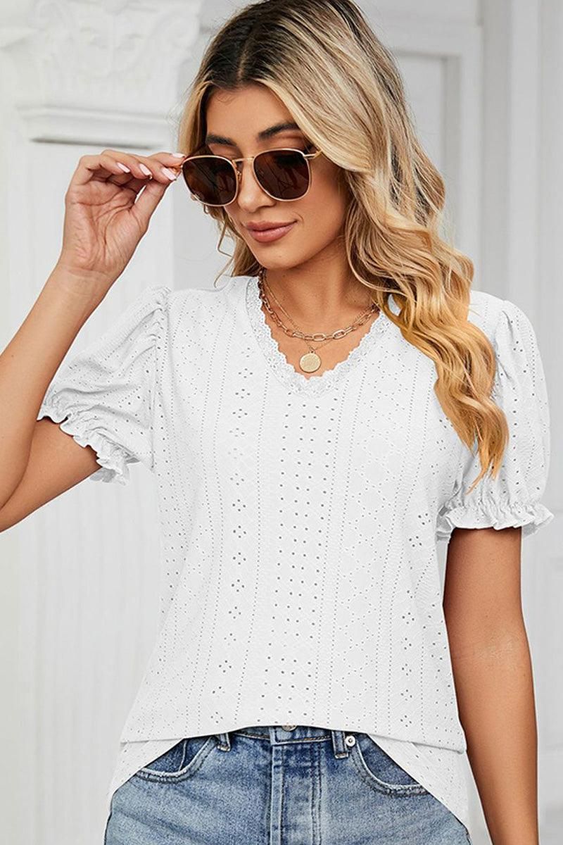 PUNCHING LACE PUFF SHORT SLEEVE TOP - Doublju