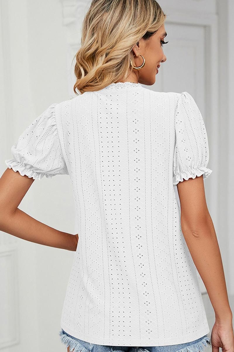 PUNCHING LACE PUFF SHORT SLEEVE TOP - Doublju