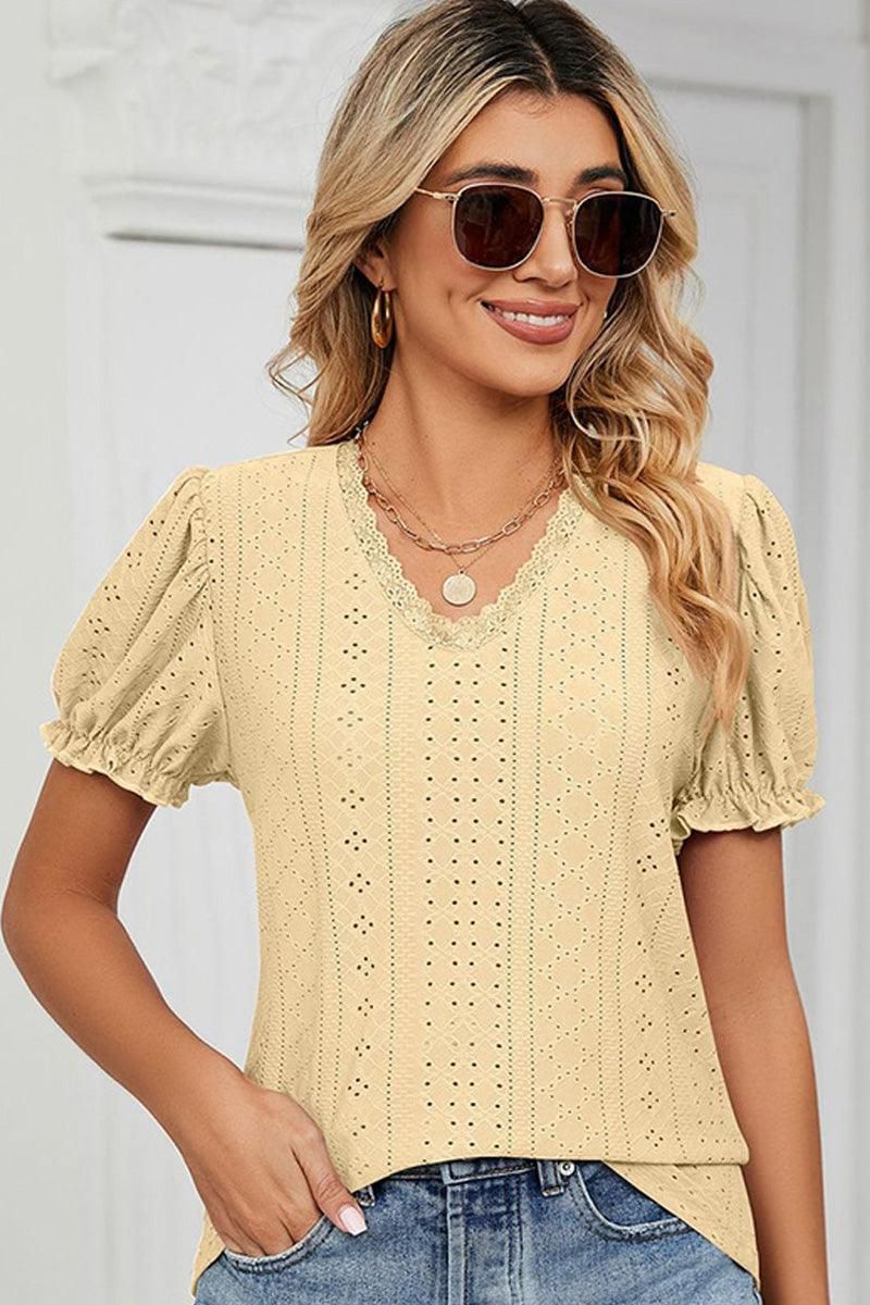 PUNCHING LACE PUFF SHORT SLEEVE TOP - Doublju