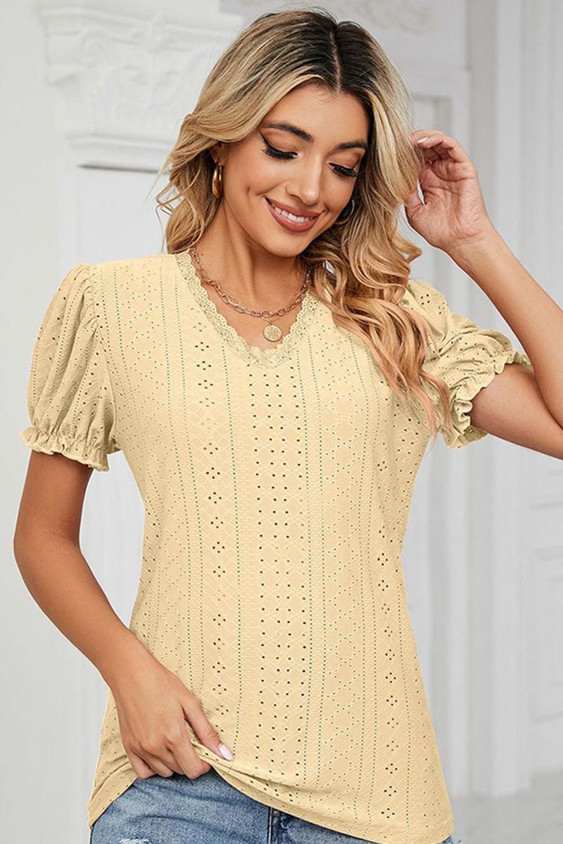 PUNCHING LACE PUFF SHORT SLEEVE TOP - Doublju