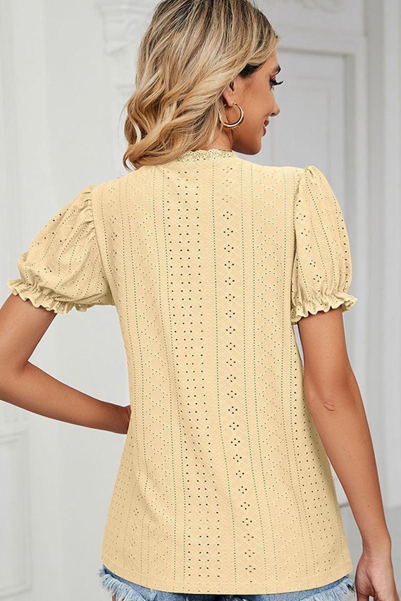 PUNCHING LACE PUFF SHORT SLEEVE TOP - Doublju