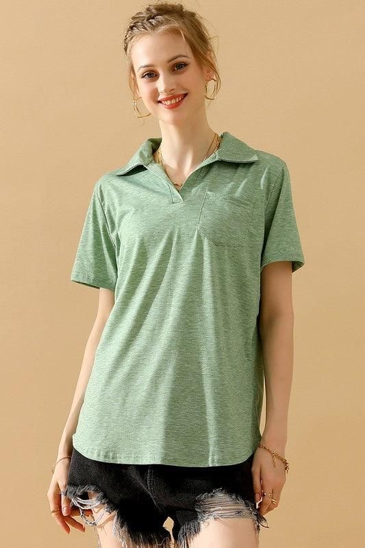 BASIC SHORT SLEEVE POCKET CALLAR TOP - Doublju