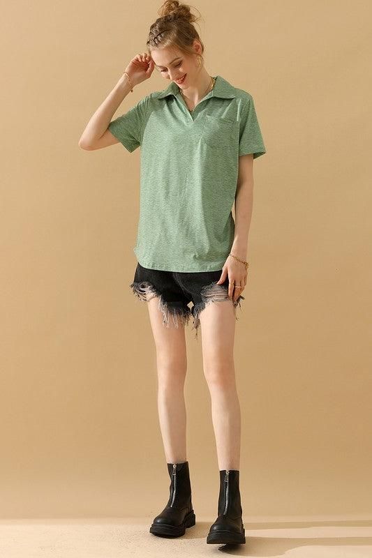 BASIC SHORT SLEEVE POCKET CALLAR TOP - Doublju