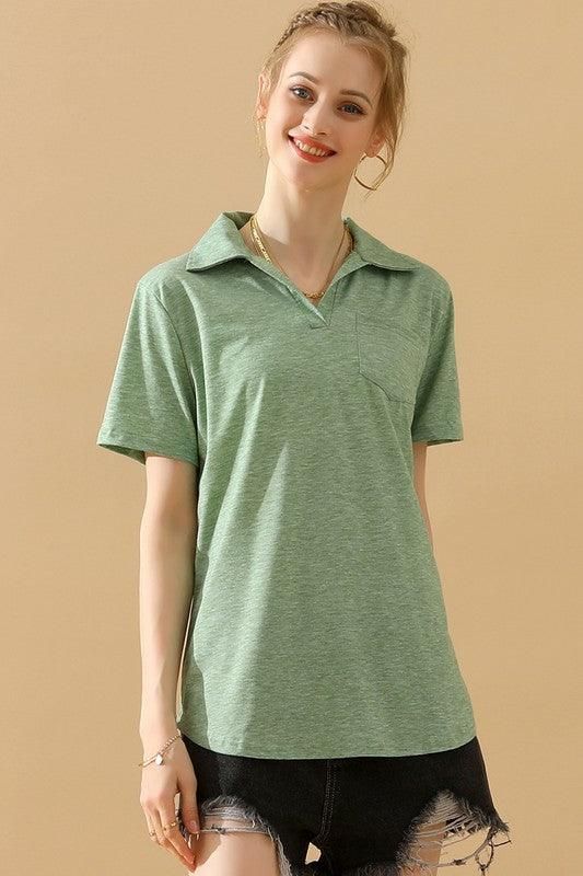 BASIC SHORT SLEEVE POCKET CALLAR TOP - Doublju