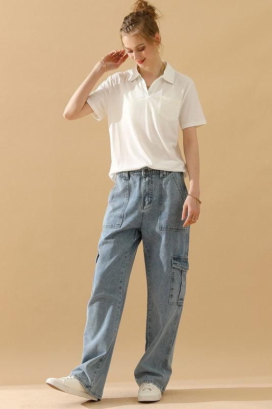 BASIC SHORT SLEEVE POCKET CALLAR TOP - Doublju