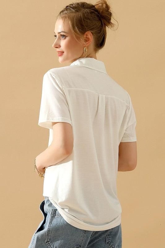 BASIC SHORT SLEEVE POCKET CALLAR TOP - Doublju