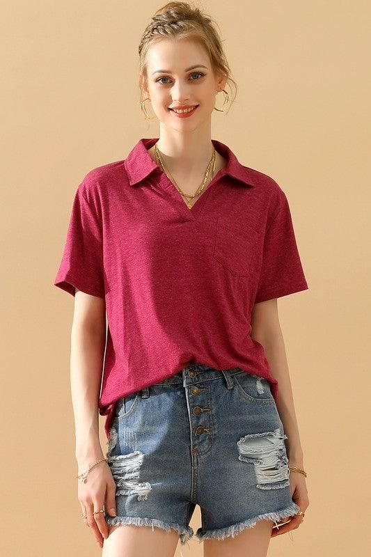BASIC SHORT SLEEVE POCKET CALLAR TOP - Doublju