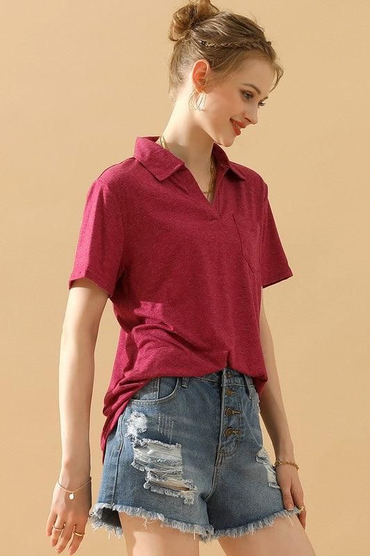 BASIC SHORT SLEEVE POCKET CALLAR TOP - Doublju