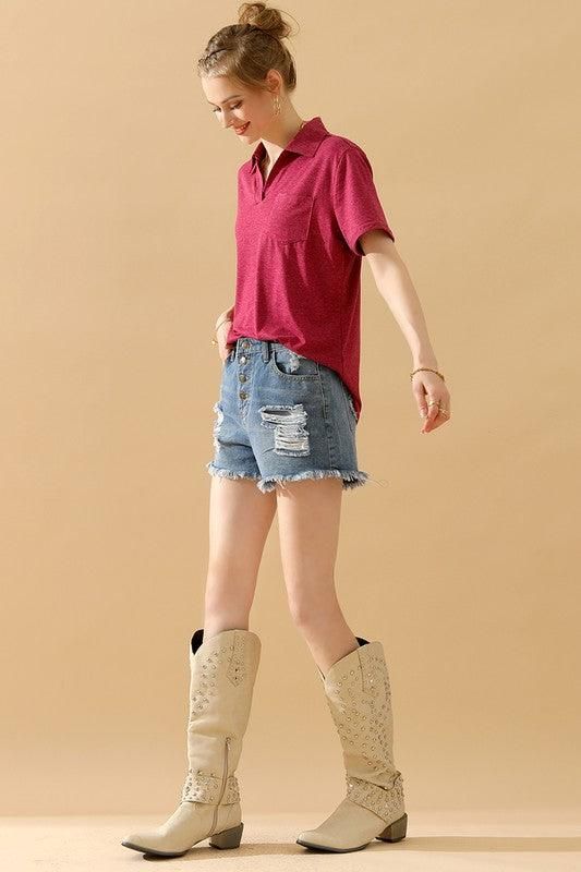 BASIC SHORT SLEEVE POCKET CALLAR TOP - Doublju