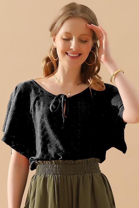 V NECK PUNCHING LACE UP RUFFLE LOOSE TOP - Doublju