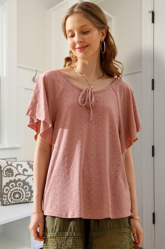 V NECK PUNCHING LACE UP RUFFLE LOOSE TOP - Doublju