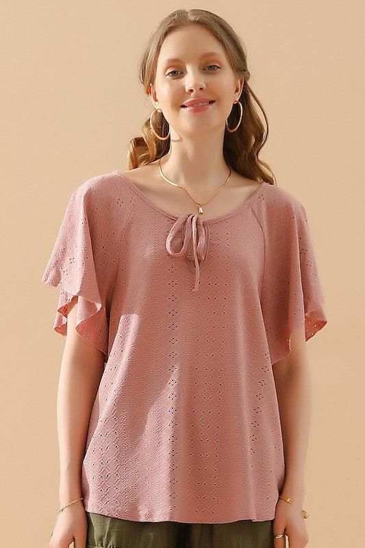 V NECK PUNCHING LACE UP RUFFLE LOOSE TOP - Doublju