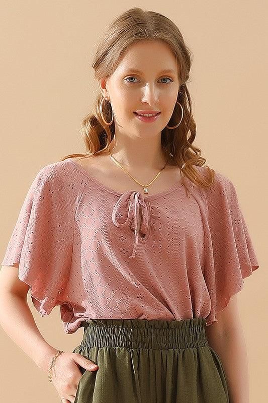 V NECK PUNCHING LACE UP RUFFLE LOOSE TOP - Doublju