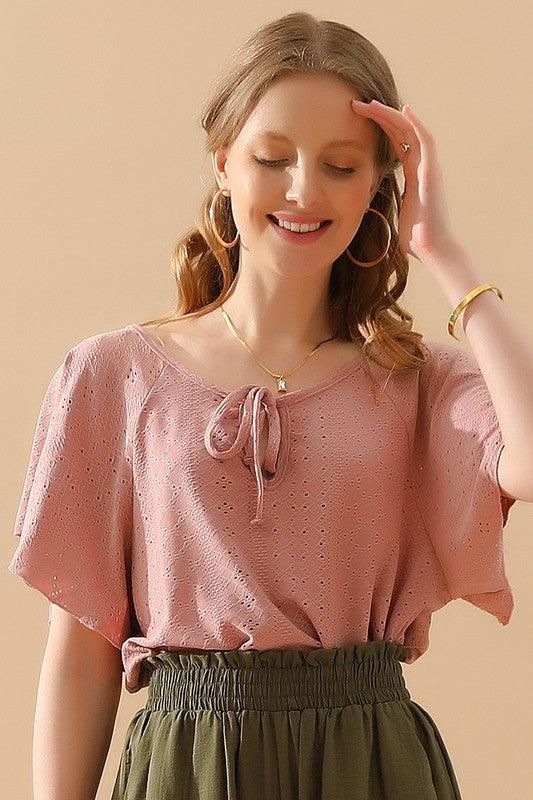 V NECK PUNCHING LACE UP RUFFLE LOOSE TOP - Doublju