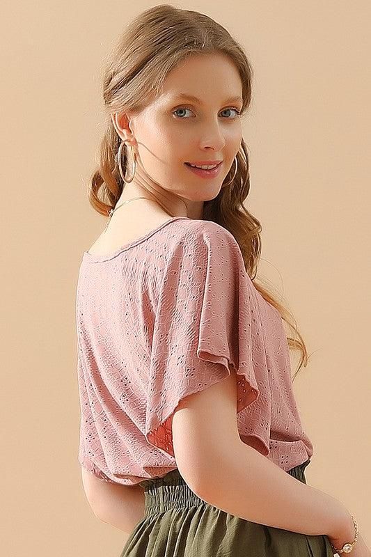 V NECK PUNCHING LACE UP RUFFLE LOOSE TOP - Doublju