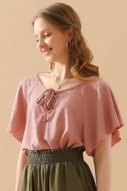 V NECK PUNCHING LACE UP RUFFLE LOOSE TOP - Doublju
