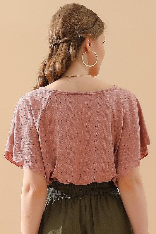 V NECK PUNCHING LACE UP RUFFLE LOOSE TOP - Doublju