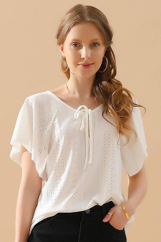 V NECK PUNCHING LACE UP RUFFLE LOOSE TOP - Doublju