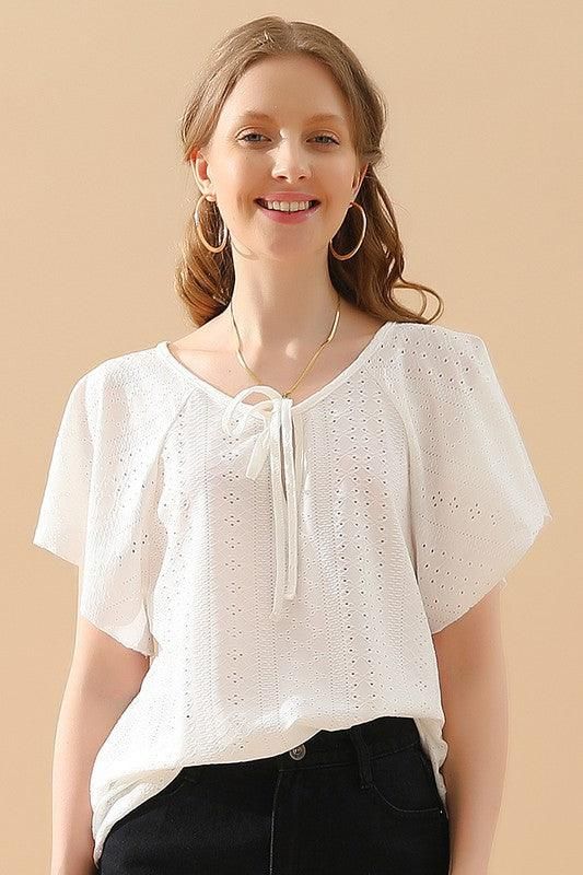 V NECK PUNCHING LACE UP RUFFLE LOOSE TOP - Doublju