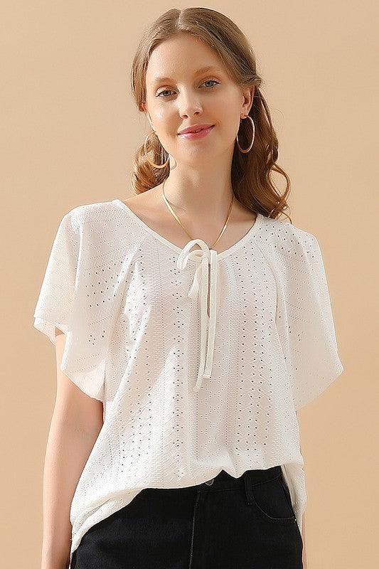 V NECK PUNCHING LACE UP RUFFLE LOOSE TOP - Doublju