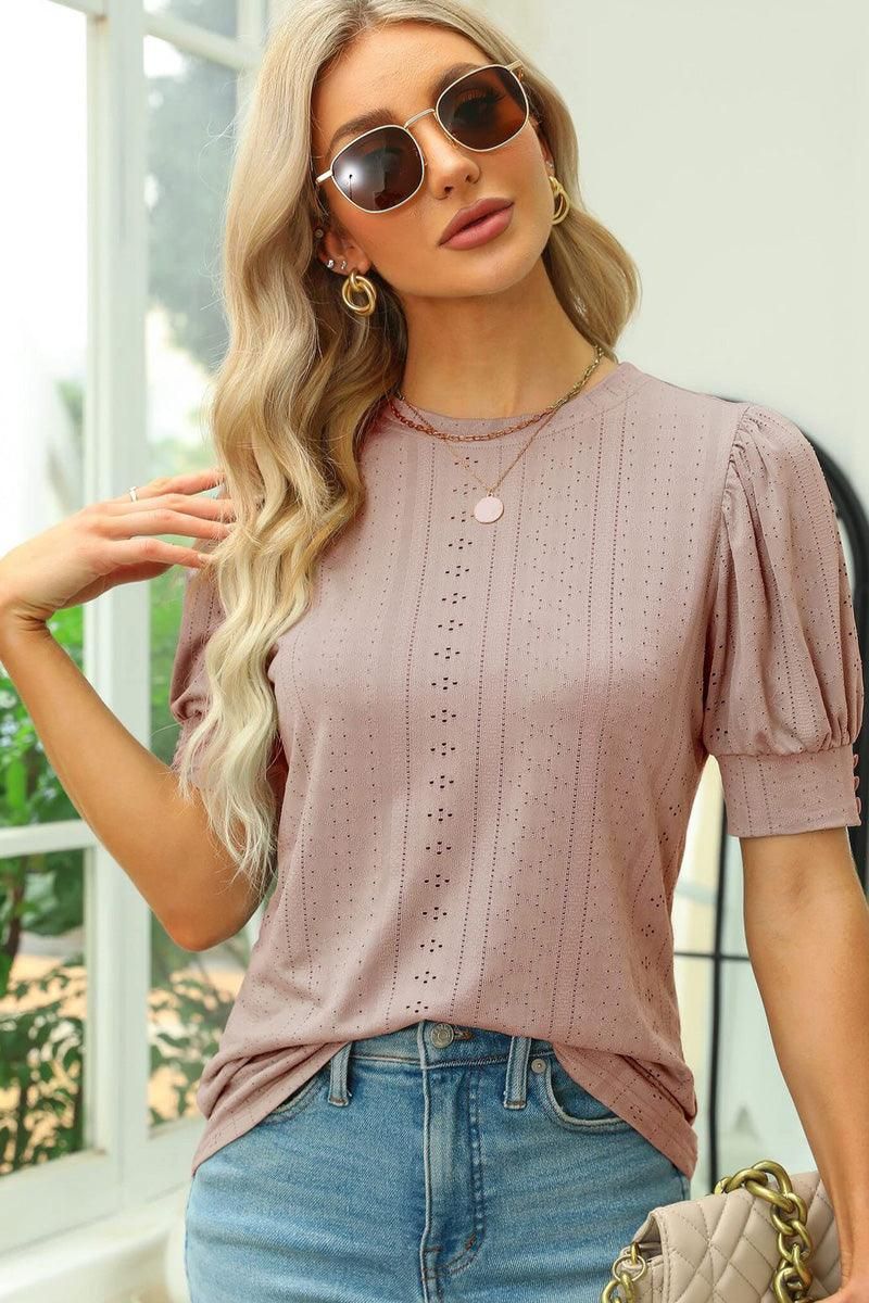 HOLLOW HOLE RIBBED SLEEVE CASUAL TOP - Doublju