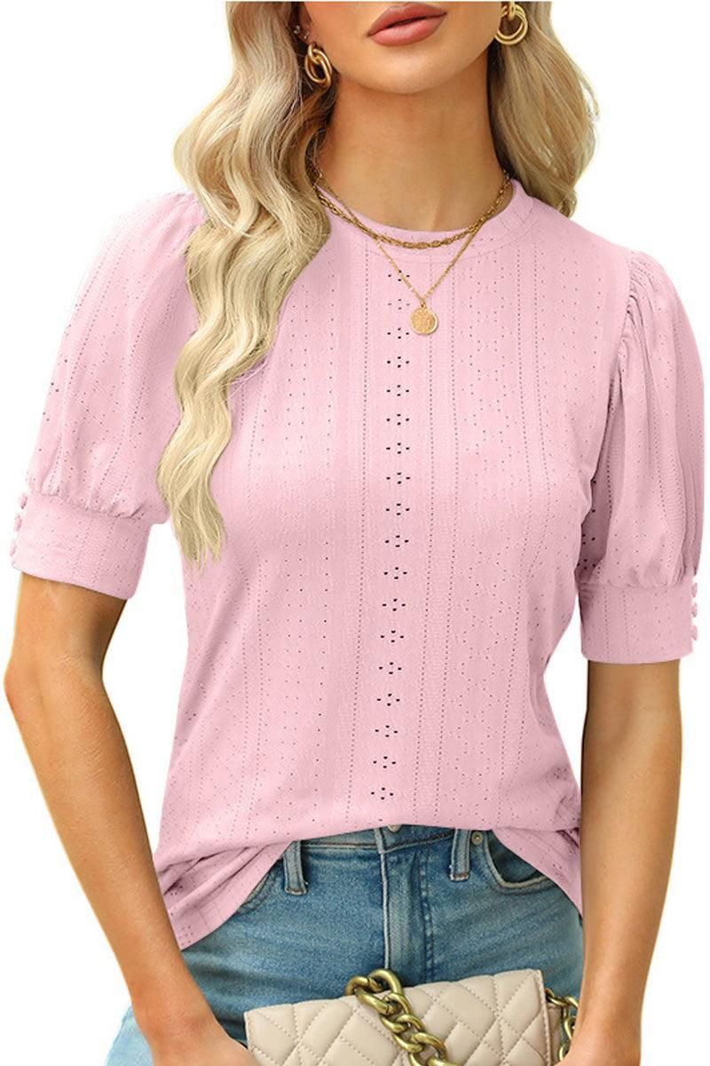 HOLLOW HOLE RIBBED SLEEVE CASUAL TOP - Doublju