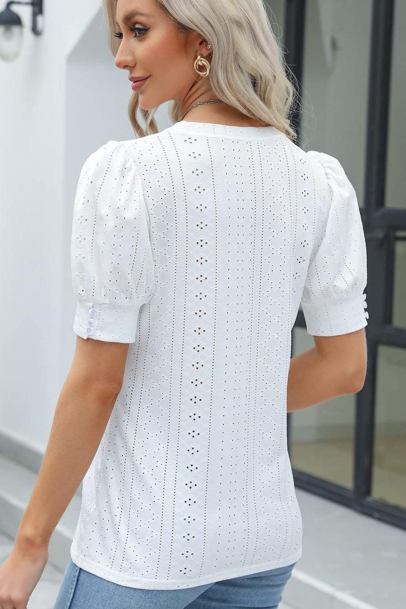 HOLLOW HOLE RIBBED SLEEVE CASUAL TOP - Doublju