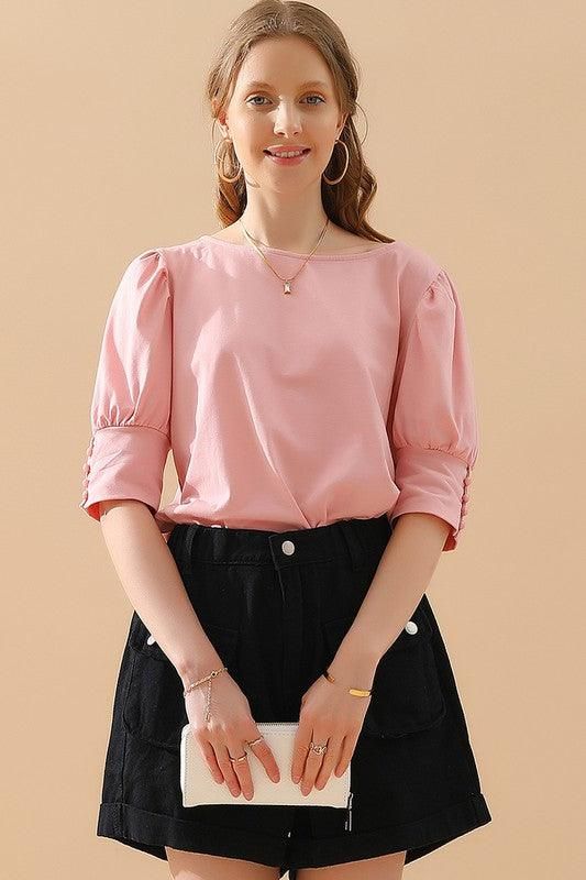 CREW NECK PUFF SLEEVE TUNIC TOP - Doublju