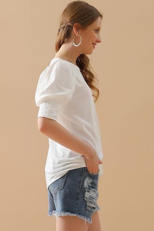 CREW NECK PUFF SLEEVE TUNIC TOP - Doublju
