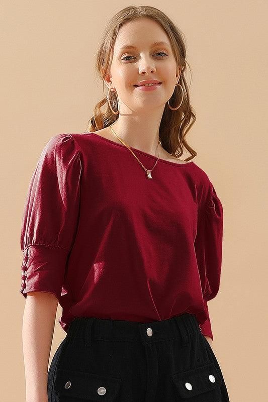 CREW NECK PUFF SLEEVE TUNIC TOP - Doublju