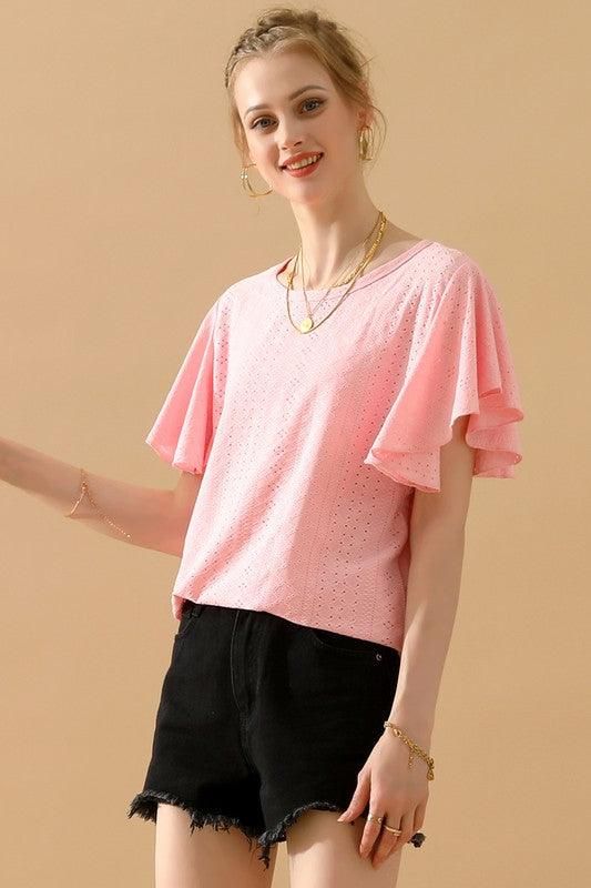 CAPE SLEEVE HOLLOW HOLE DETAILED CASUAL TOP - Doublju