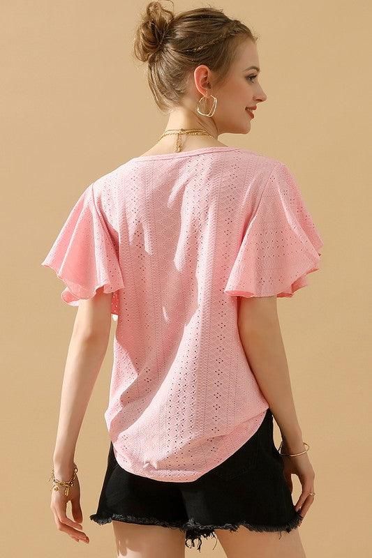 CAPE SLEEVE HOLLOW HOLE DETAILED CASUAL TOP - Doublju