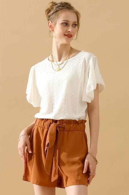 CAPE SLEEVE HOLLOW HOLE DETAILED CASUAL TOP - Doublju