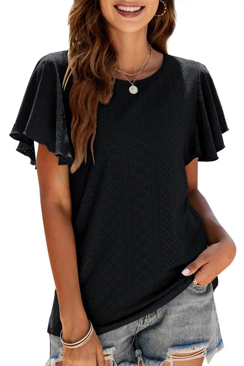 PUNCHING LACE RUFFLED SLEEVE CASUAL TOP - Doublju