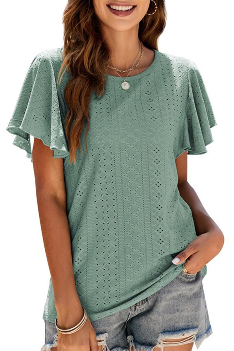 PUNCHING LACE RUFFLED SLEEVE CASUAL TOP - Doublju