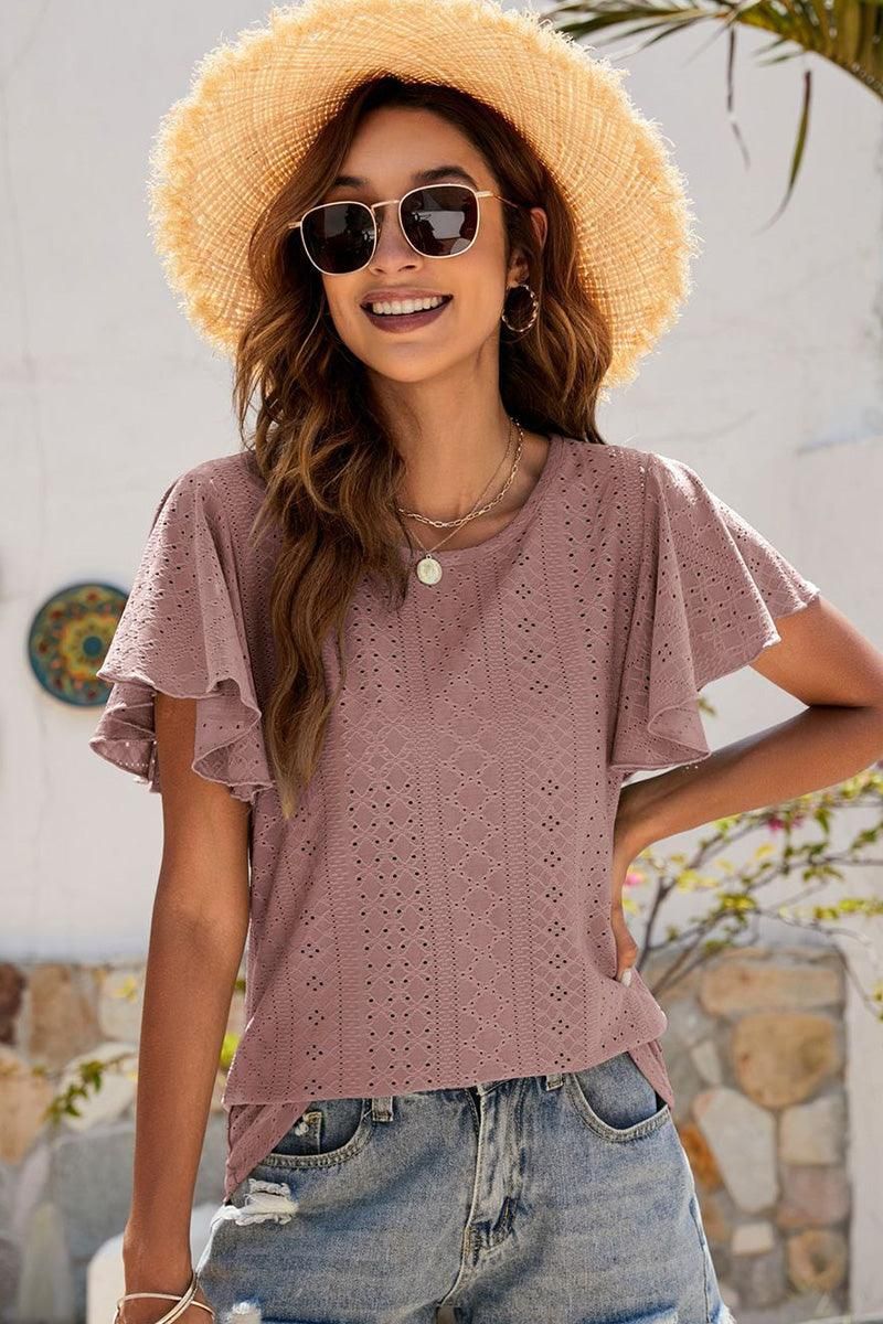 PUNCHING LACE RUFFLED SLEEVE CASUAL TOP - Doublju