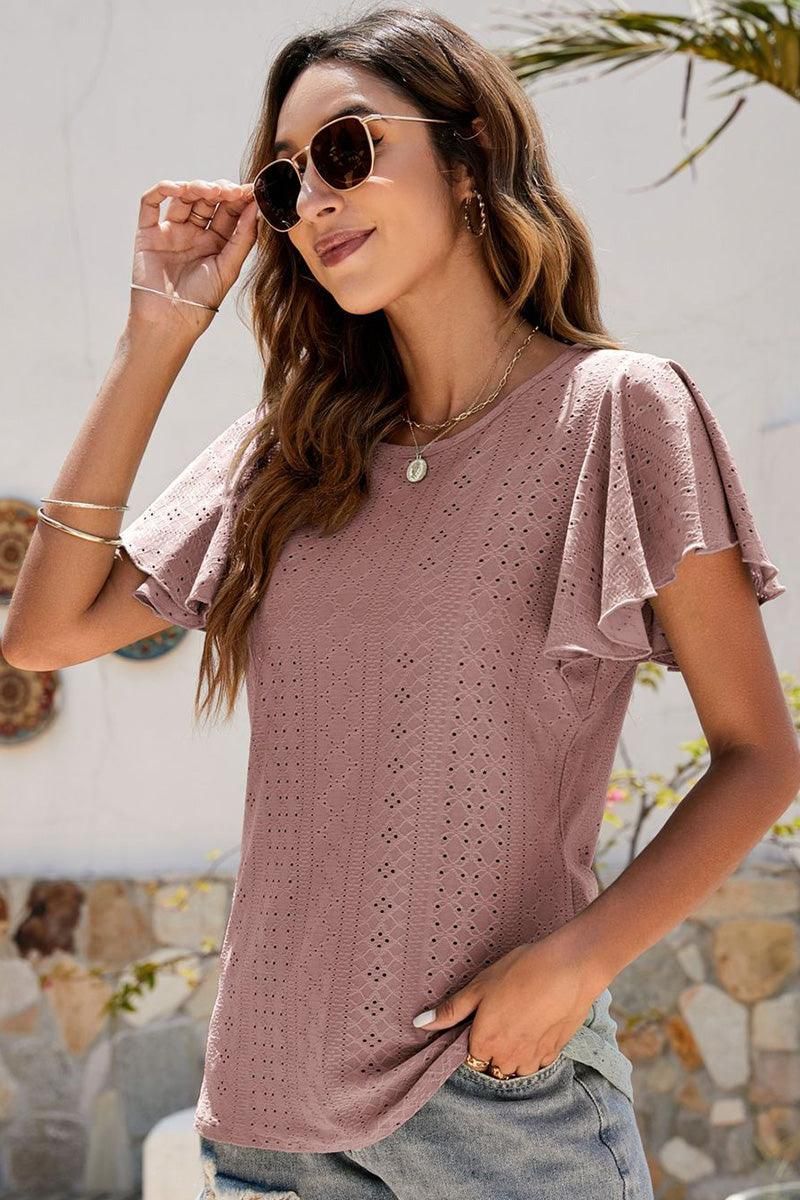 PUNCHING LACE RUFFLED SLEEVE CASUAL TOP - Doublju