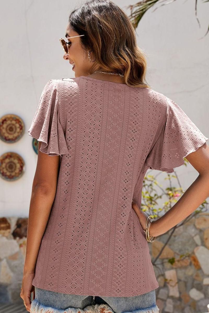 PUNCHING LACE RUFFLED SLEEVE CASUAL TOP - Doublju